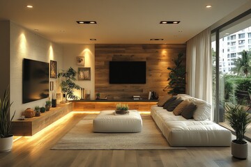 Fototapeta premium Modern living room interior with sofa television plants and wooden wall paneling.