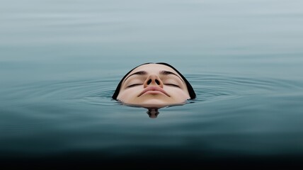 Burnout recovery, rest and lifestyle Cconcept. A serene woman"s face partially submerged in calm water, reflecting tranquility and introspection amid a soft, muted backdrop.