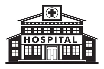 Naklejka premium Minimalist Black and White Hospital Logo with Medical Cross and Building Icon