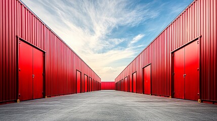 Fototapeta premium Commerce platform with only red containers in a clean, gray yard, aesthetic color blocking, smooth ground texture, high-definition logistics hub