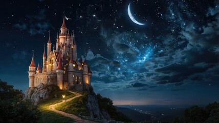 Obraz premium Magical castle at night, mountaintop, starry sky, fantasy scene, perfect for fairytale illustrations