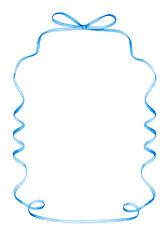 Curved blue ribbon frame with bow isolated on white background. Watercolor hand drawn illustration. Celebration and greeting card concept for design, print, banner, postcard, invitation, greeting card