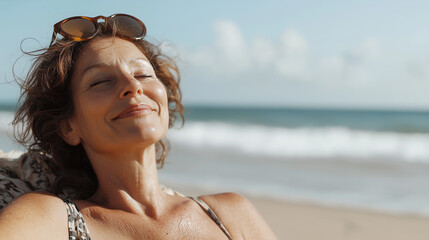 Serene Beach Bliss: A woman basks in the warm sunlight of a coastal paradise, embracing tranquility and the beauty of the sea.