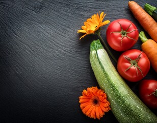 Top view of red tomatoes, zucchini, carrots and calendula on black slate stone background with copy space. Generated image