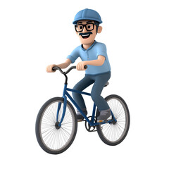 Naklejka premium Cheerful 3D cartoon man with mustache riding a blue bicycle on a transparent background Concept of active lifestyle, cycling, and transportation