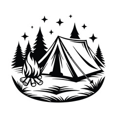 Camping with Tent, Bonfire, Pine Trees, Stars, and Tall Grass Silhouette