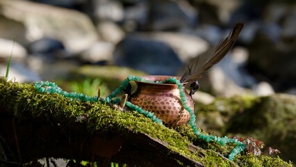 Ein Kupferkessel mit einem grünen Anhänger auf ein einem Felsen vor einem Gebirgsbach.