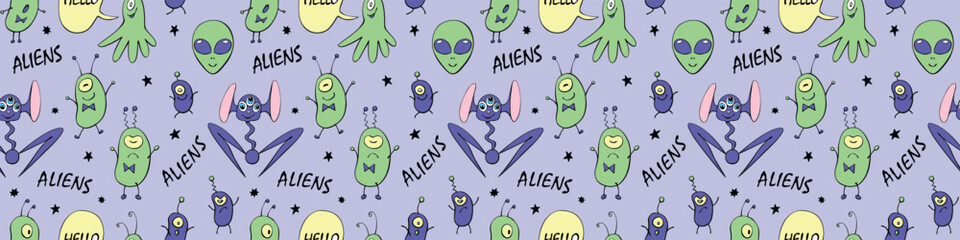 Seamless pattern with funny Aliens, inscriptions in doodle flat style. Humanoids, Martians, insects. Vector cute background, texture on theme of space, UFO, fantastic, kids design