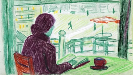 Woman Reading a Book While Overlooking a Cafe Window  