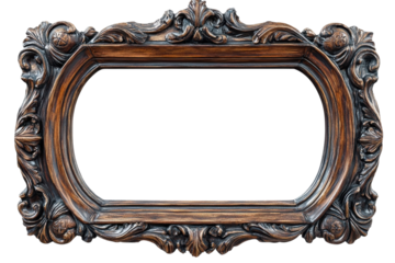 Ornate antique wooden frame rich dark brown intricate carvings elegant on transparent background