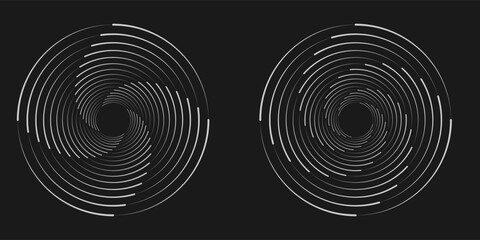 Set of speed lines in circle form. Radial speed Lines in Circle Form for comic books. Technology round Logo. Black thick halftone dotted speed lines.