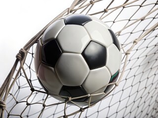 Isolated black and white soccer ball sphere in the goal net of a fun football game