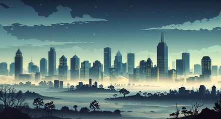 city skyline in night fog 3d render scene video game concept background illustration digital artwork