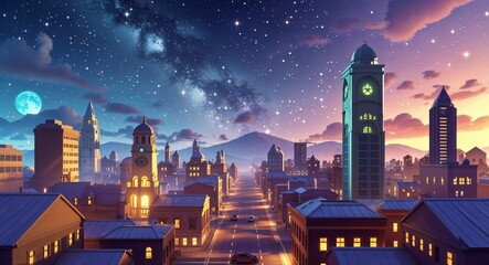 city under starry night sky 3d render scene video game concept background illustration digital artwork