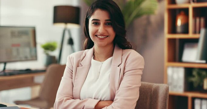 Arms crossed, face and smile of business woman in office for about us or friendly welcome. Accounting, financial and investment with happy Indian employee in corporate workplace as consultant