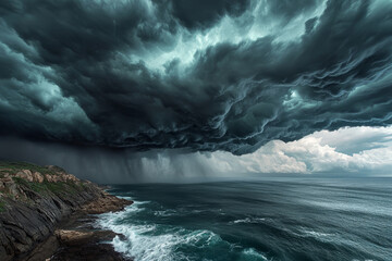 approaching tropical storm over the ocean with dramatic dark clouds and turquoise waves crashing on sandy beach