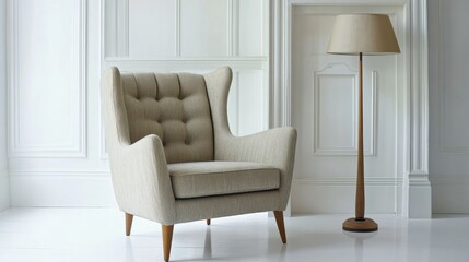 Standing lamp next to a neutral armchair in a clean white space
