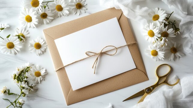 Blank Wedding Invitation Mockup with Daisies and Kraft Envelope