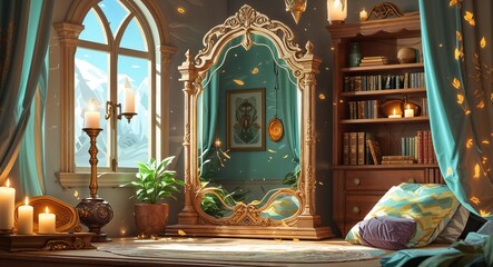 Obraz premium enchanted mirror room arcane energy 3d render scene video game concept background illustration digital artwork