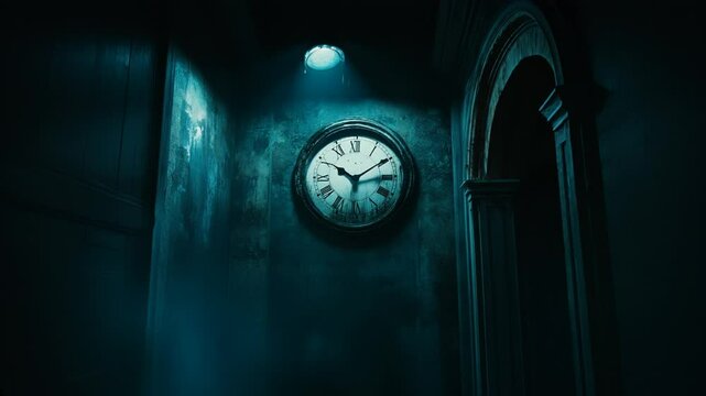 Clock in Haunted Corridor: An antique clock hangs on a dimly lit, aged wall in a haunting corridor, evoking a sense of timelessness and mystery. The scene, with its shadows and textures.