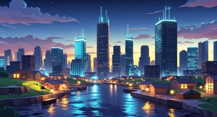 Fototapeta premium nighttime city skyline with lights 3d render scene video game concept background illustration digital artwork