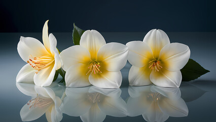 Fototapeta premium White flowers arranged gracefully on a reflective surface showcasing their delicate petals and vibrant details Generative AI