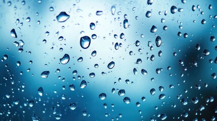 A close-up view of water droplets on a blue surface.