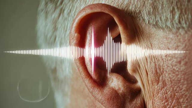 Sound waves traveling through elderly male ear, visualizing intricate hearing process and potential auditory impairment, representing complex sensory perception and aging healthcare challenges