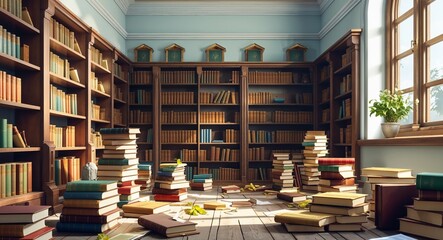 secret library books scattered floor 3d render scene video game concept background illustration digital artwork