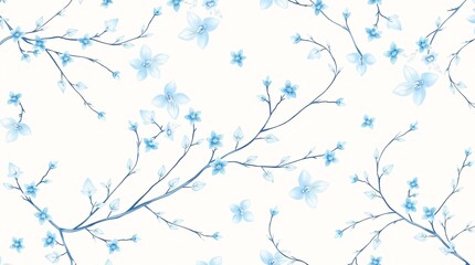 Delicate Blue Floral Pattern with Branches and Flowers