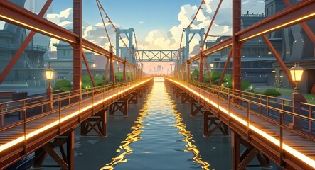 Naklejka premium Steel bridges crossing glowing canals 3d render scene video game concept background illustration digital artwork