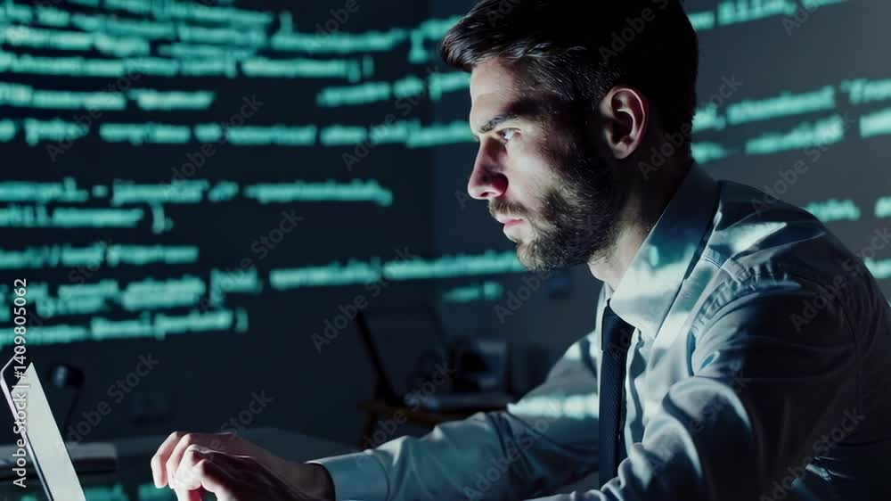 Fototapete Professional programmer coding intensely at night, focusing on laptop with programming code projected onto background wall, highlighting technological innovation and concentration