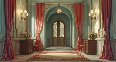 Fototapeta premium velvet curtain chamber echo hallway 3d render scene video game concept background illustration digital artwork