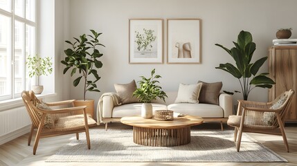 Fototapeta premium Serene Living Room: A bright, airy living room showcases the comfort of a soft sofa paired with wood accents and botanical art creating a peaceful atmosphere. 