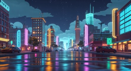 city at night with neon glow 3d render scene video game concept background illustration digital artwork