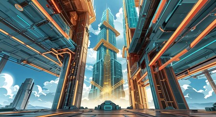 Circuit patterns across giant skyscraper 3d render scene video game concept background illustration digital artwork