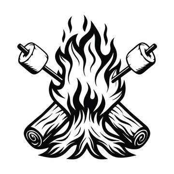 recommend clip art: Monochrome Bonfire Silhouette Roasting Marshmallows on Sticks, Flames & Burning Wood