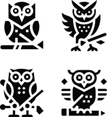 Four stylized owl icons, perfect for educational or symbolic designs.