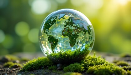 Sustainability. Crystal globe glass on green moss in forest to protect nature Save and care World for sustainable. concept of the environment ecology and Earth Day.