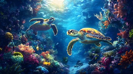 Underwater Symphony: A vibrant underwater world unfolds, showcasing two graceful sea turtles swimming amidst a colorful coral reef.