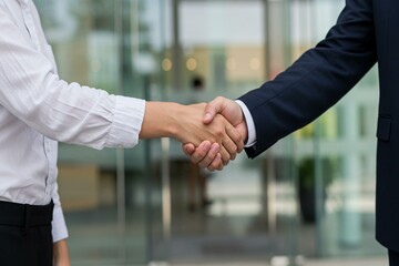 Business handshake exchanging agreements in modern office  