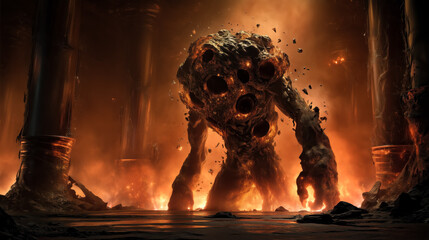 Colossal molten rock creature with cavern-like holes emerging in fiery volcanic chamber