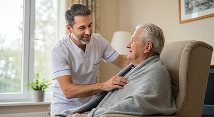 Fototapeta premium Warm interaction between caregiver and elderly man in cozy home setting