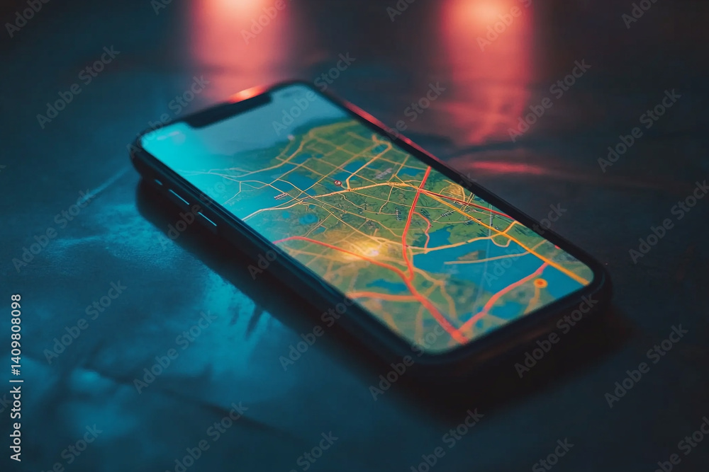 Poster smartphone navigation app showing colorful map at night