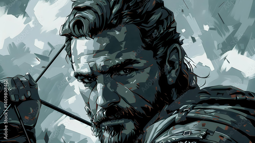 Poster pixelated portrait of man with beard in grayscale digital art with low resolution aesthetic style fe