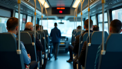 High Resolution Stock Photo of Organized Public Transportation Safety: Trained Personnel, Modern Vehicles, and Security Measures with Empty Space for Custom Text