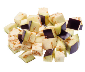 Eggplant or aubergine cubes isolated on white background. File contains clipping paths.