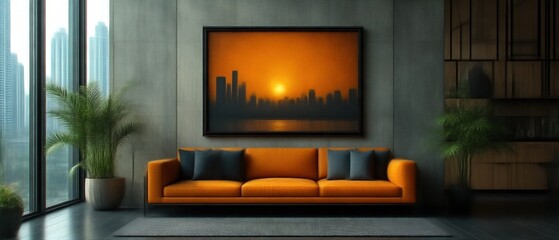 Interior view of a room with sofa painting plants and large window.