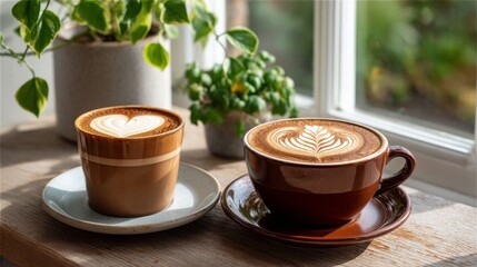 Cozy Coffee Scene with Coffee Cups and Beautiful Latte Art