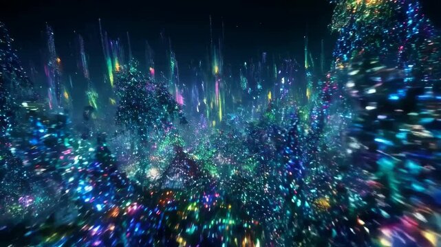 Vibrant neon particles dance in dynamic highenergy lightscape